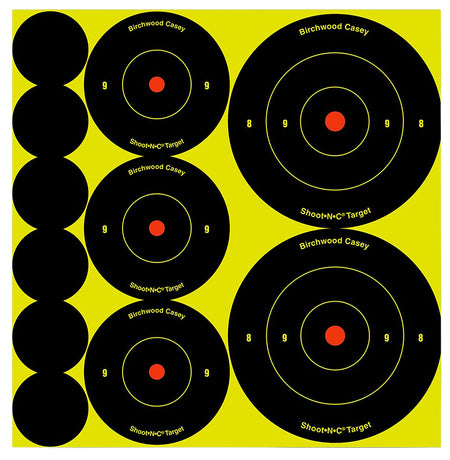 Birchwood Casey 34608 Shoot-N-C Reactive Target Variety Pack Self-Adhesive Black/Yellow Bullseye 132 Pack