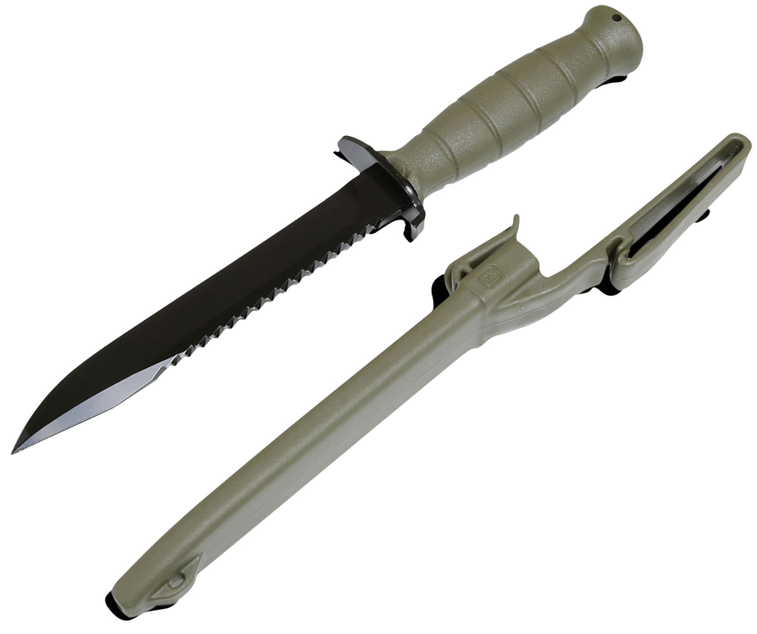 Glock KF039181 Field Knife 7" Fixed Clip Point Plain/Saw Black Carbon Steel Blade, Battle Field Green Trimond Handle