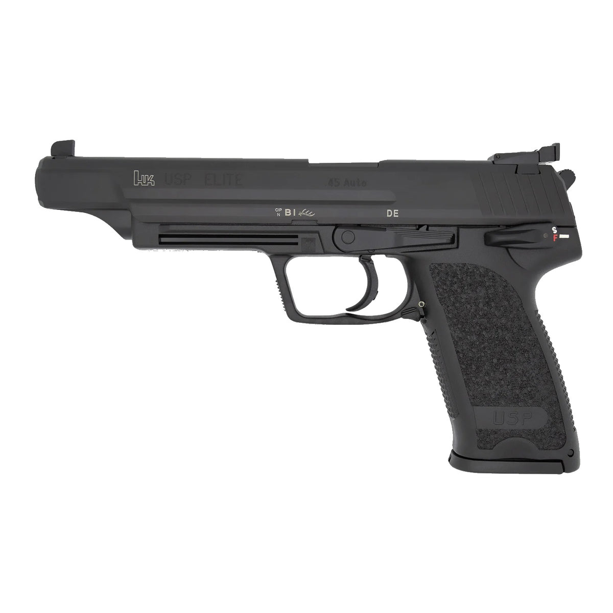 HK 81000368 USP V1 Elite 45 ACP 10+1 6.02" Stainless Stainless Steel Barrel, Black Long/Serrated Steel Slide, Black Polymer Frame, Black Polymer Grip