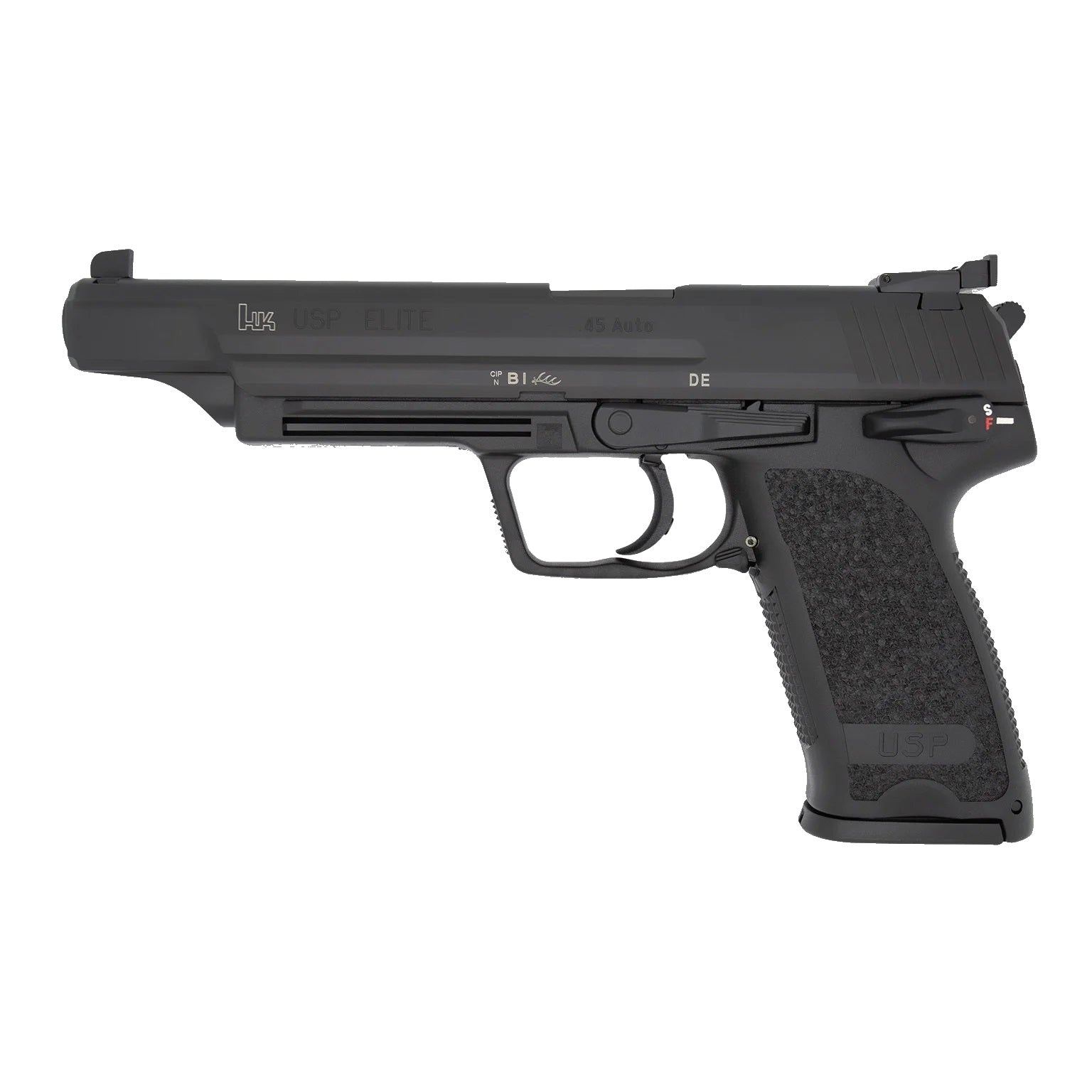 HK 81000368 USP V1 Elite 45 ACP 10+1 6.02" Stainless Stainless Steel Barrel, Black Long/Serrated Steel Slide, Black Polymer Frame, Black Polymer Grip
