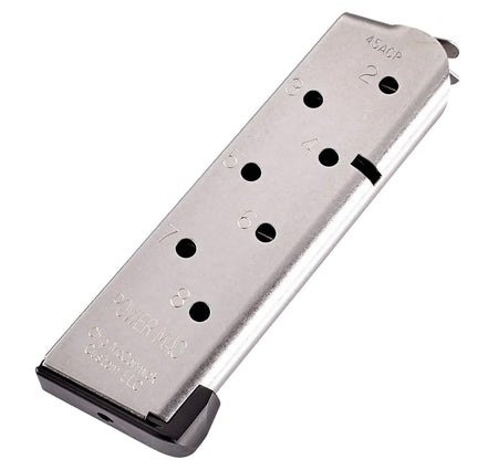 CMC Products 14132 Power Mag 8rd .45 ACP 1911 Officer Magazine, Stainless Steel with Black Base Pad