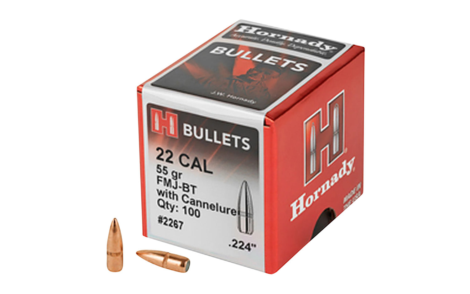 Hornady Traditional .224 Diameter 55gr FMJBT Reloading Bullets 100 Per Box