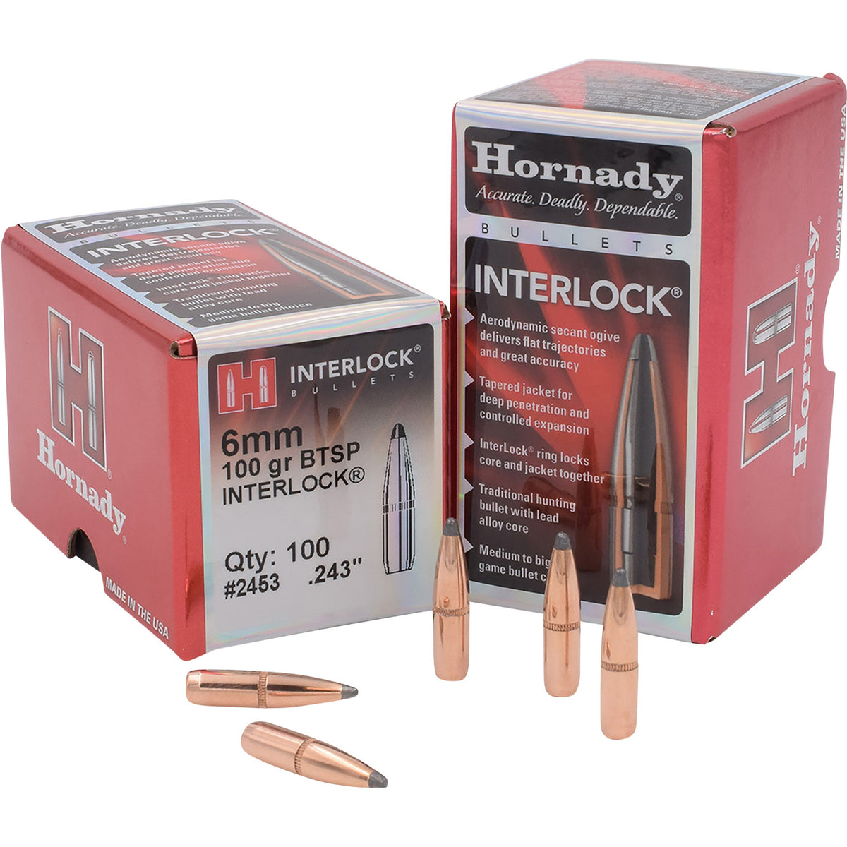Hornady InterLock .243 Diameter 100gr Spire Point BT Reloading Bullets 100 Per Box