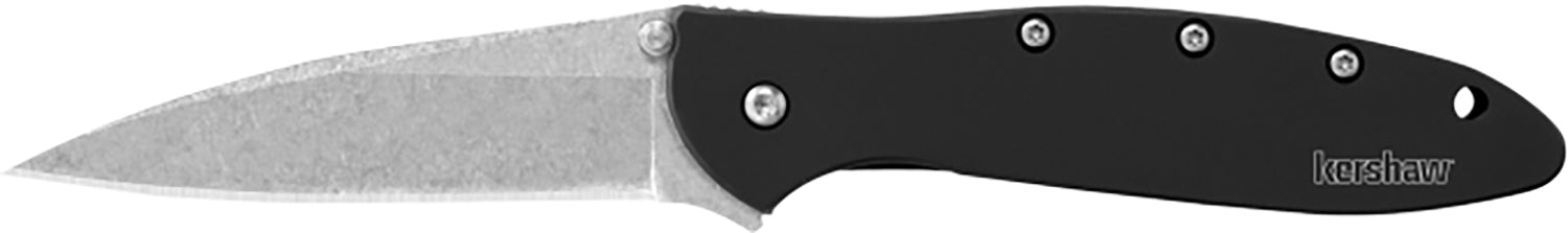 Kershaw 1660SWBLK Leek 3" Folding Drop Point Plain Stonewashed 14C28N Steel Blade Black Anodized Aluminum Handle with Pocket Clip