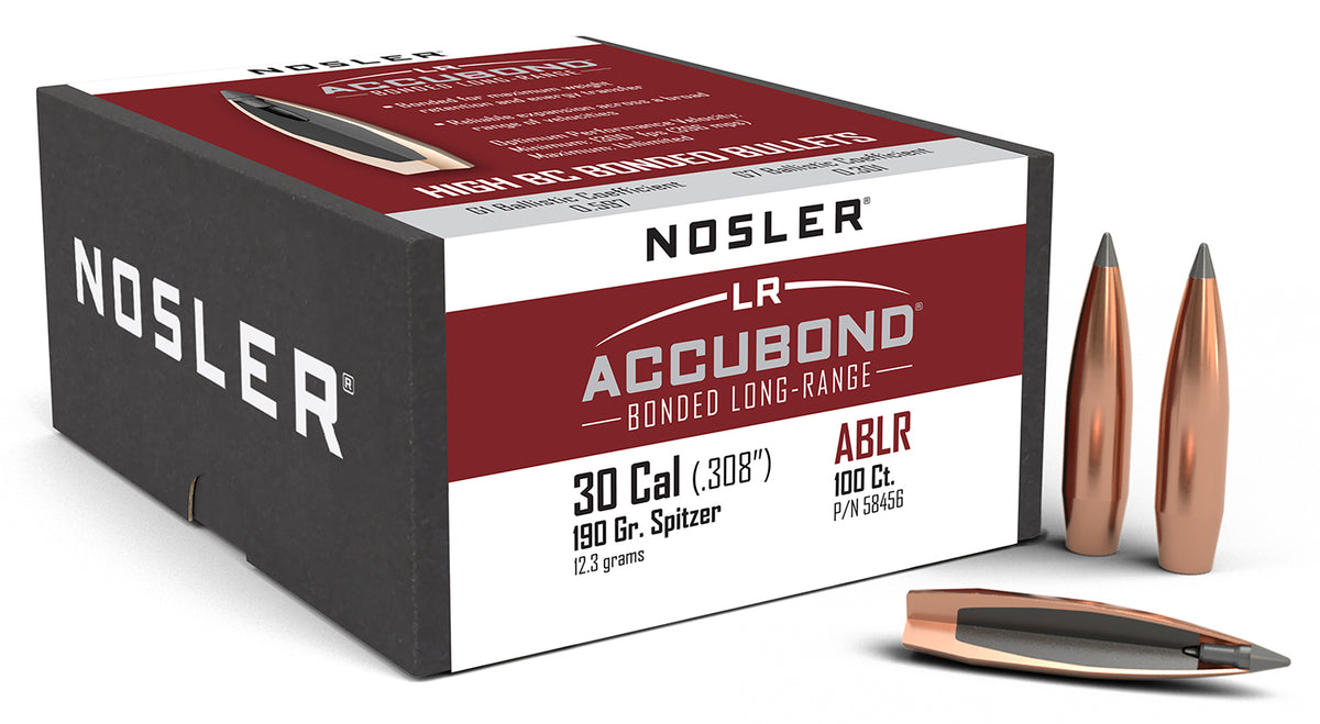 Nosler AccuBond Long Range .30 Cal 190gr Spitzer Boat Tail Bullets 100/Box