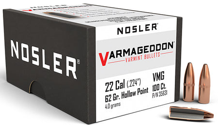 Nosler Varmageddon 22Cal 62gr Flat Base Hollow Point Varmint Projectiles 100/Box