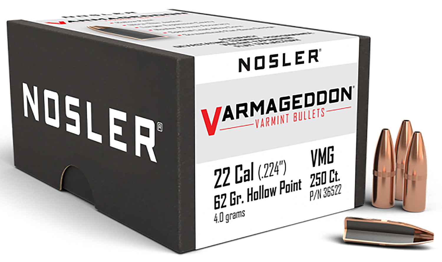 Nosler Varmageddon 22Cal 62gr Flat Base Hollow Point Varmint Projectiles 250/Box