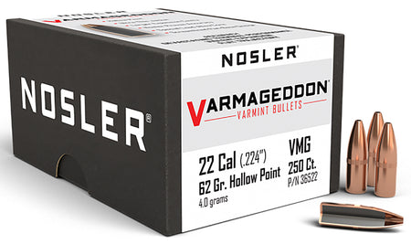 Nosler Varmageddon 22Cal 62gr Flat Base Hollow Point Varmint Projectiles 250/Box
