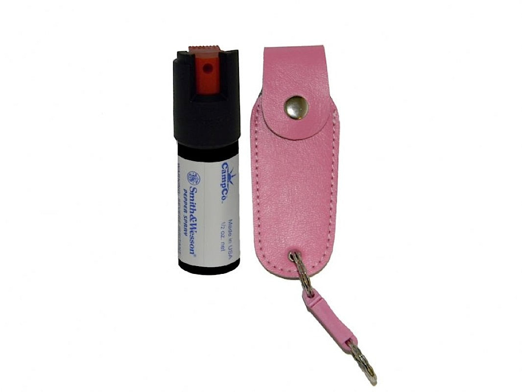 S&W 1203P Pink Keychain Pepper Spray 0.50 oz with Leather Holster 10 ft Range