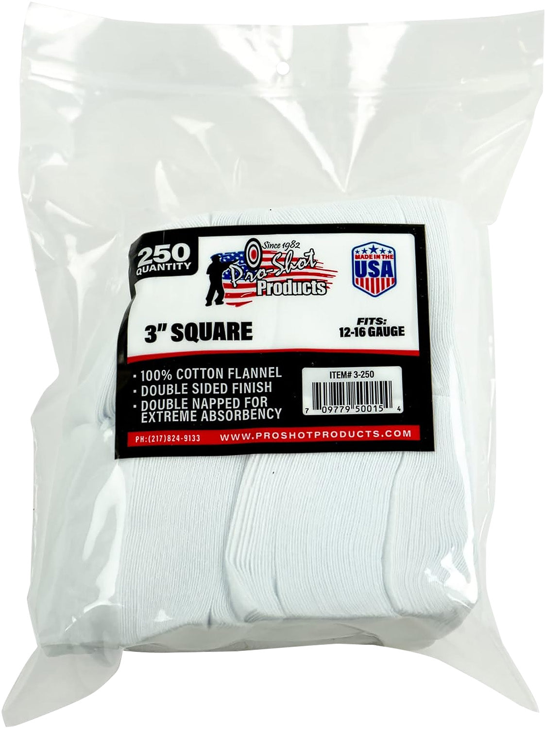 Pro-Shot 3250 Cotton Flannel Cleaning Patches 12-16 Gauge 3" Square 250 Pack