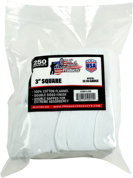 Pro-Shot 3250 Cotton Flannel Cleaning Patches 12-16 Gauge 3" Square 250 Pack