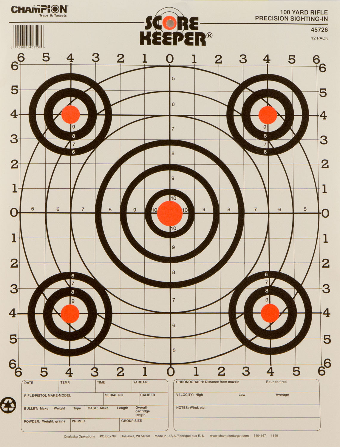 Champion Score Keeper Bullseye Paper Hanging 100 Yard Pistol/Rifle Target 12 Pack