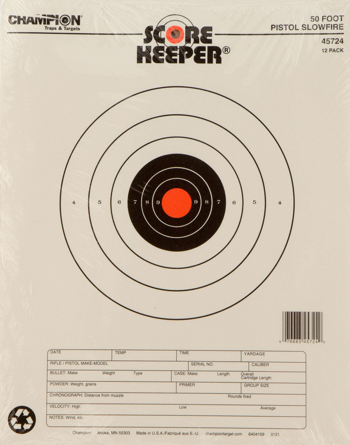 Champion Score Keeper 50 Foot Pistol Slow Fire Bullseye Paper Hanging Target 12 Pack