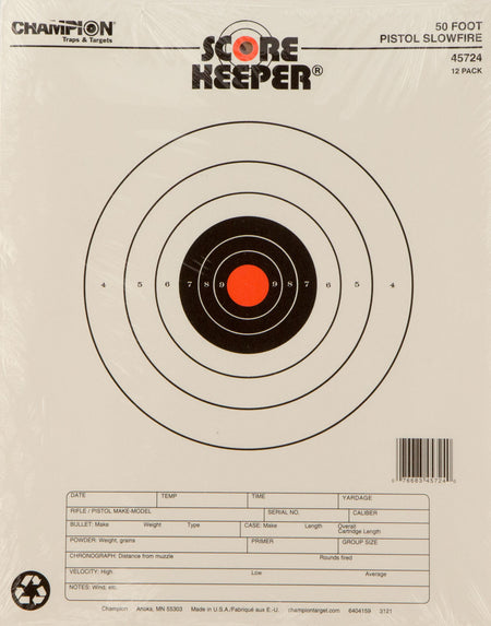 Champion Score Keeper 50 Foot Pistol Slow Fire Bullseye Paper Hanging Target 12 Pack
