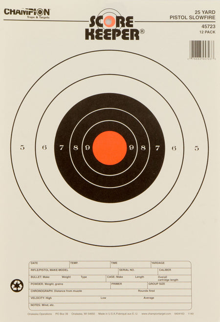 Champion Targets 45723 Score Keeper Slow Fire Bullseye Paper Target 25yd Pistol 11"x16" 12 Pack