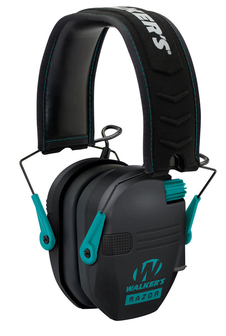 Walker's Razor Slim Electronic Ear Muff 23 dB Over-the-Head Black Polymer with Teal Accents