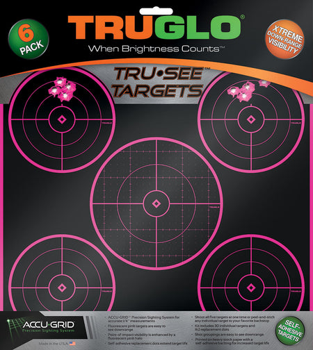 TruGlo TG11P6 Tru-See 5-Bull Self-Adhesive Paper Target Black/Pink 12"x12" 6-Pack