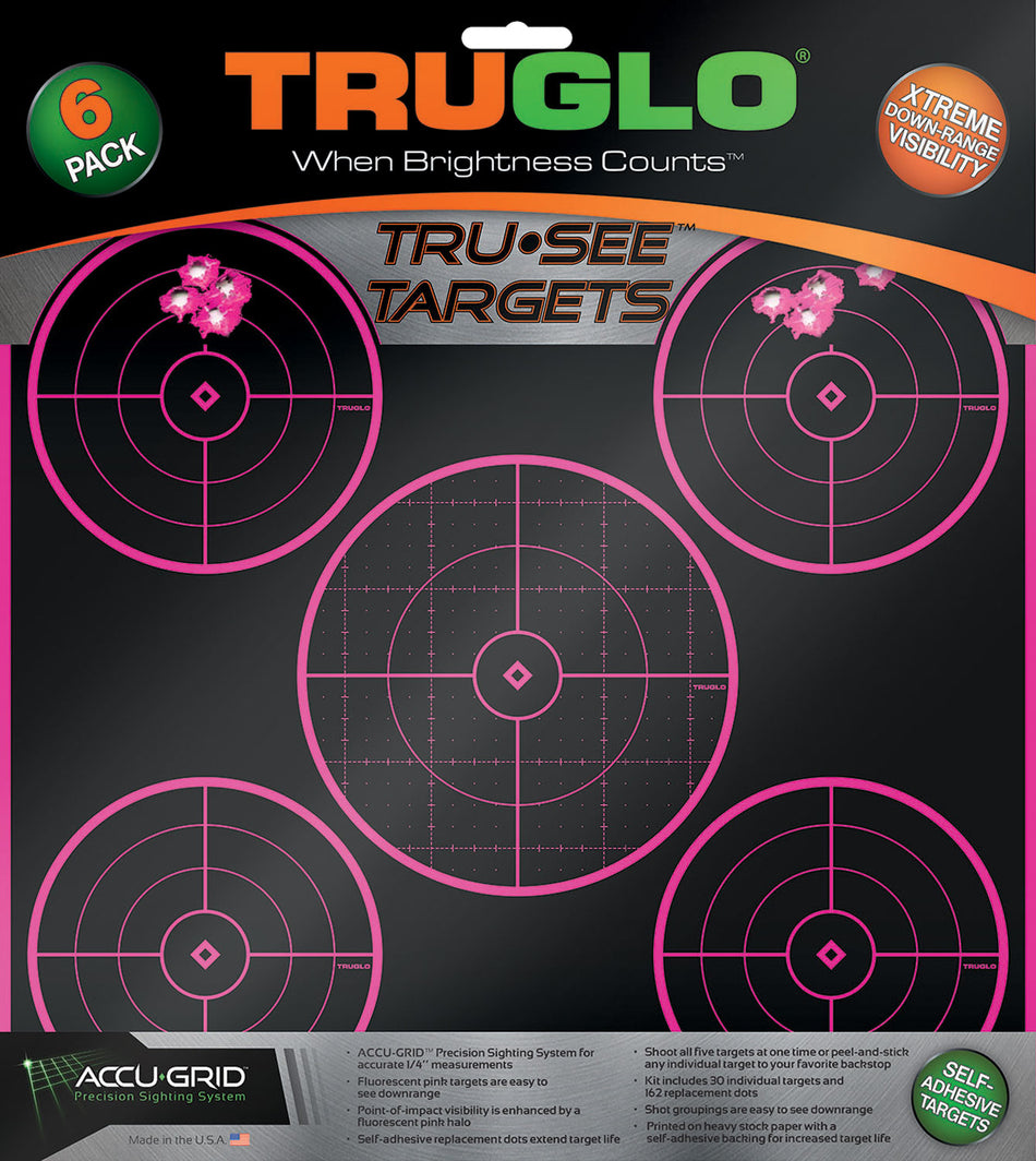TruGlo TG11P6 Tru-See 5-Bull Self-Adhesive Paper Target Black/Pink 12"x12" 6-Pack
