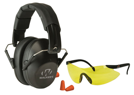 Walker's Pro Low Profile Passive Muff Combo Kit with Foam Earplugs & Shooting Glasses 31 dB Over-the-Head
