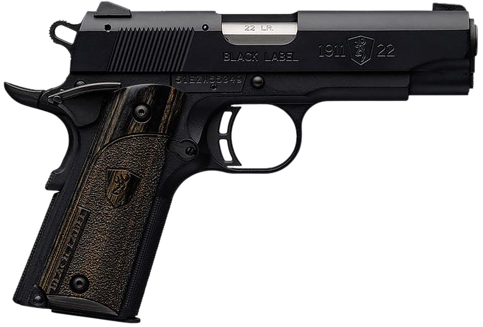 Browning 051815490 1911 Black Label Compact 22 LR 10+1 3.63" Stainless Steel Barrel, Matte Black Serrated Slide & Polymer Frame w/Beavertail, Black Laminate Stippled Grip