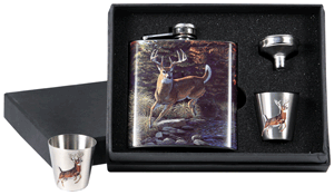 Rivers Edge Whitetail Deer Pocket Flask with 2 Stainless Steel Shot Glasses
