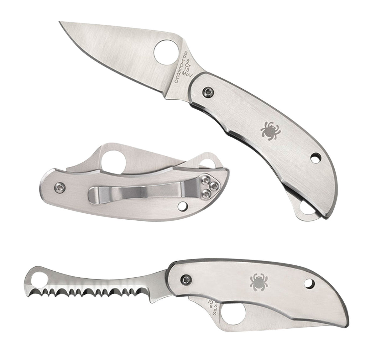 Spyderco C176P&S Clipitool Silver SS Folding Knife 8Cr13MoV Part Serrated Blade SS Handle with Screwdriver and Bottle Opener