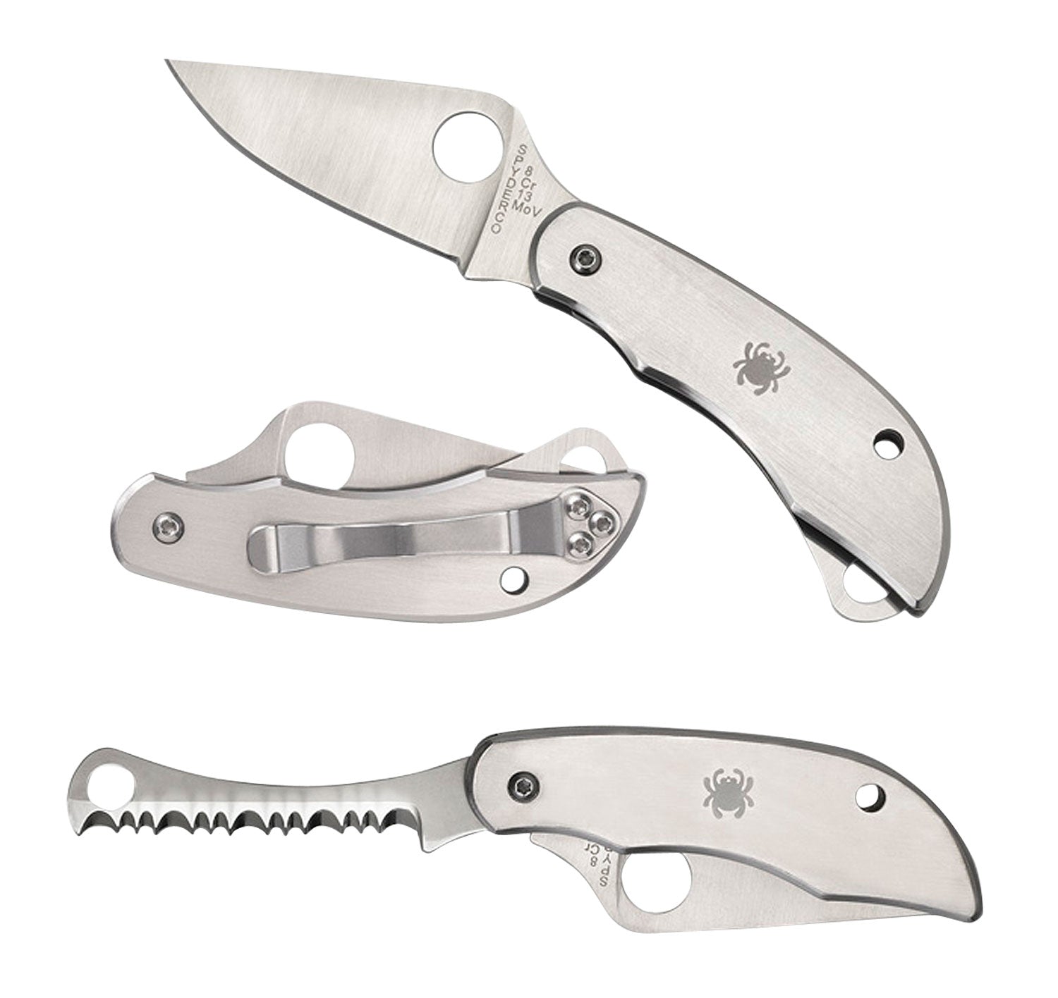 Spyderco C176P&S Clipitool Silver SS Folding Knife 8Cr13MoV Part Serrated Blade SS Handle with Screwdriver and Bottle Opener