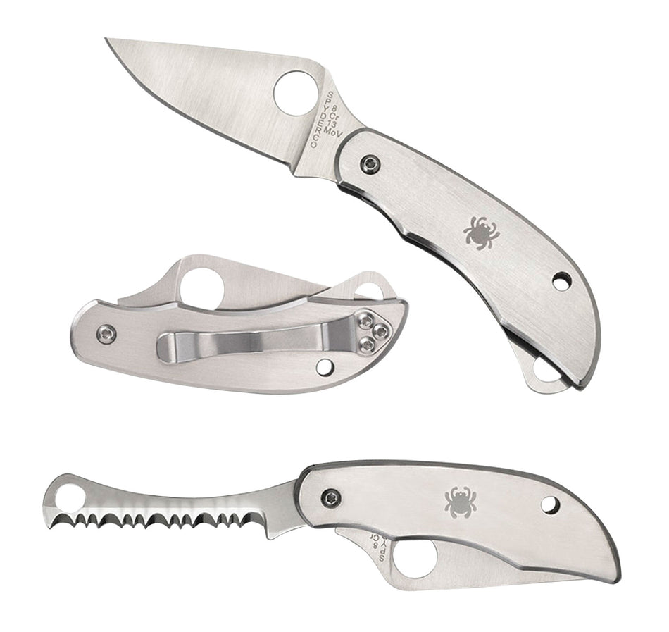 Spyderco C176P&S Clipitool Silver SS Folding Knife 8Cr13MoV Part Serrated Blade SS Handle with Screwdriver and Bottle Opener
