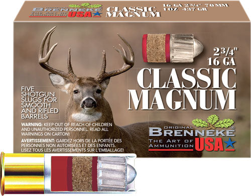 Brenneke SL-162CLM Classic Magnum Hunting 16 Gauge 2.75" 1oz Slug 1480 fps