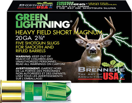 Brenneke SL-202HFSGL Green Lightning Heavy Field Short Magnum 20 Gauge 2.75" 1oz Slug 1392 fps