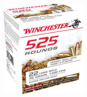 Winchester 22LR525HP USA 525 Copper Plated Hollow Point CPHP 36 Grain .22 Long Rifle