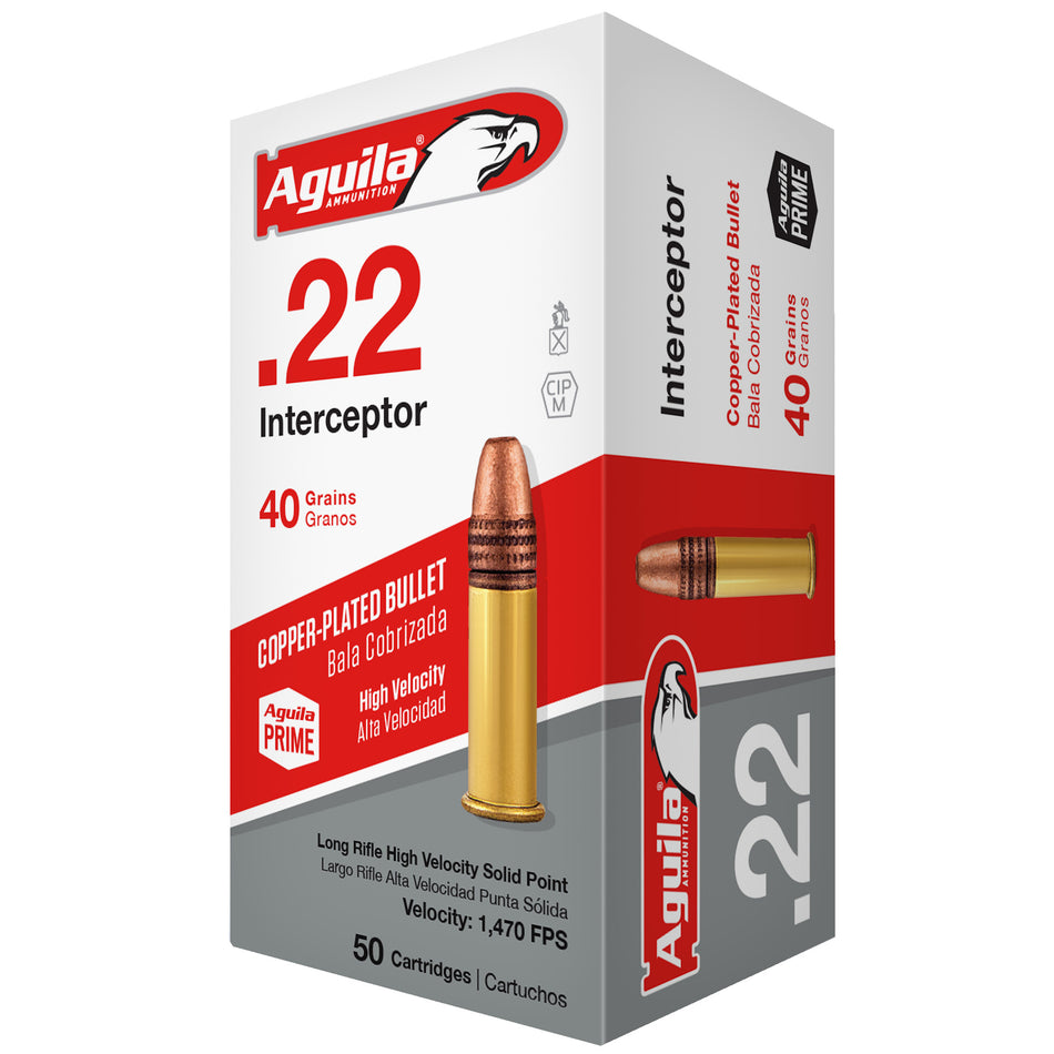 Aguila 1B220320 Interceptor Copper Plated Solid Point  40 Grain .22 Long Rifle