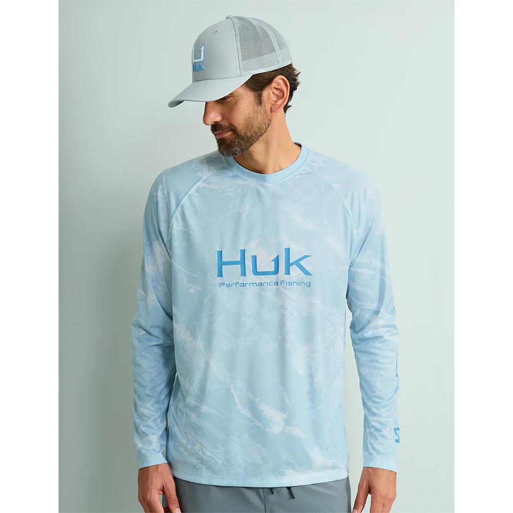 Huk Mossy Oak Pursuit Performance Long Sleeve Crew Shirt MO Stormwater Bonefish 2XL UPF 50+