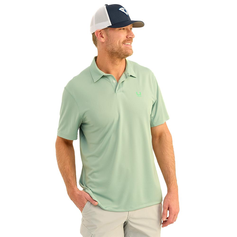 Huk Icon Polo Short Sleeve Performance Fishing Shirt Fog Green XL