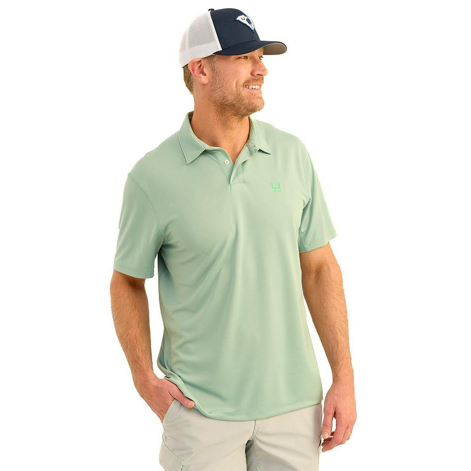 Huk Icon Polo Short Sleeve Performance Fishing Shirt Fog Green XL
