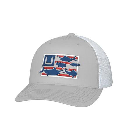 Huk Trophy Flag Trucker Hat in Light Grey