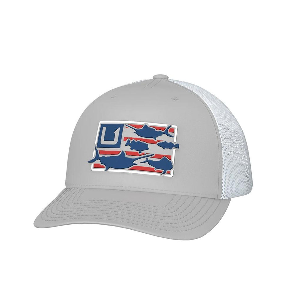 Huk Trophy Flag Trucker Hat in Light Grey