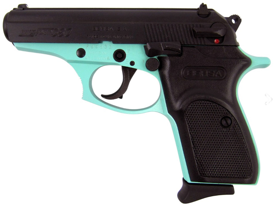 Bersa T380BLM8 Thunder Micro-Compact Frame 380 ACP 8+1, 3.50" Robin Egg Blue Cerakote Steel Barrel, Matte Black Serrated Steel Slide, Robin Egg Blue Cerakote Aluminum Frame