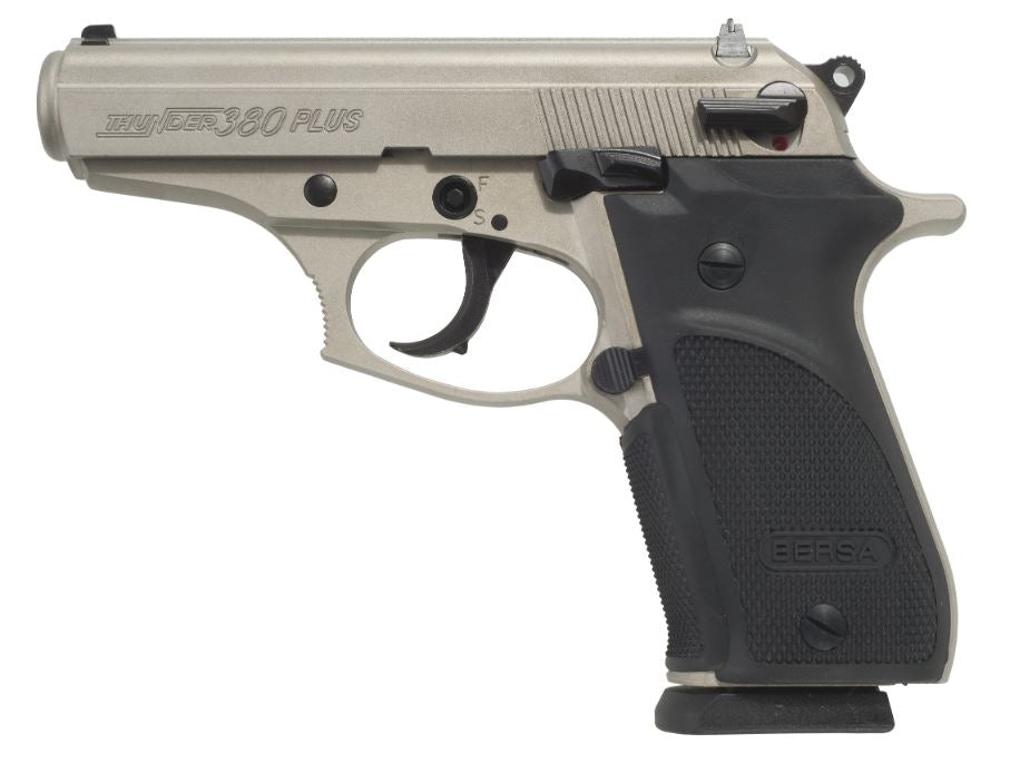 Bersa THUN380PNKL15 Thunder Plus Sub-Compact Frame 380 ACP 15+1, 3.50" Nickel Steel Barrel, Nickel Cerakote Serrated Steel Slide, Nickel Cerakote Aluminum Frame w/Beavertail, Black Rubber Grip