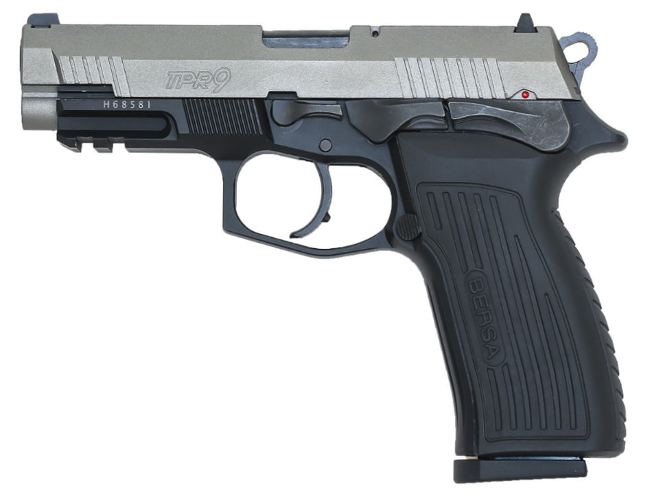Bersa TPR9DT TPR Full Size Frame 9mm Luger 17+1, 4.30" Black Steel Barrel, Nickel Cerakote Serrated Steel Slide, Matte Black Aluminum Frame w/Picatinny Rail, Ambidextrous