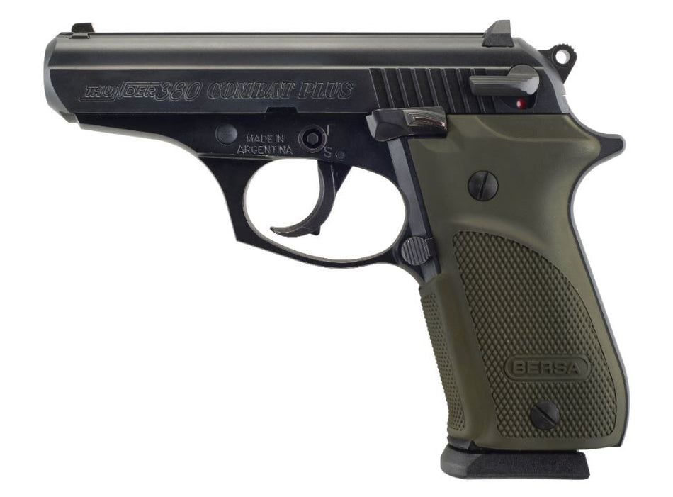 Bersa T380PMC Thunder Combat Sub-Compact Frame 380 ACP 15+1, 3.50" Black Steel Barrel, Matte Black Serrated Steel Slide & Aluminum Frame w/Beavertail, Olive Wrap-Around Grip