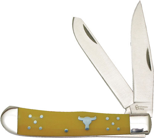 ABKT Cattlemans Cutlery Yellow Handle 2-Blade Trapper Folding Knife 3.25"