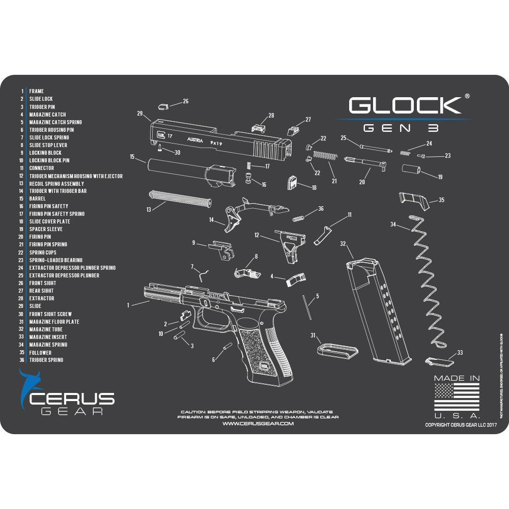 Cerus Gear 12x17 Glock Gen3 Schematic ProMat Cleaning Mat Gray