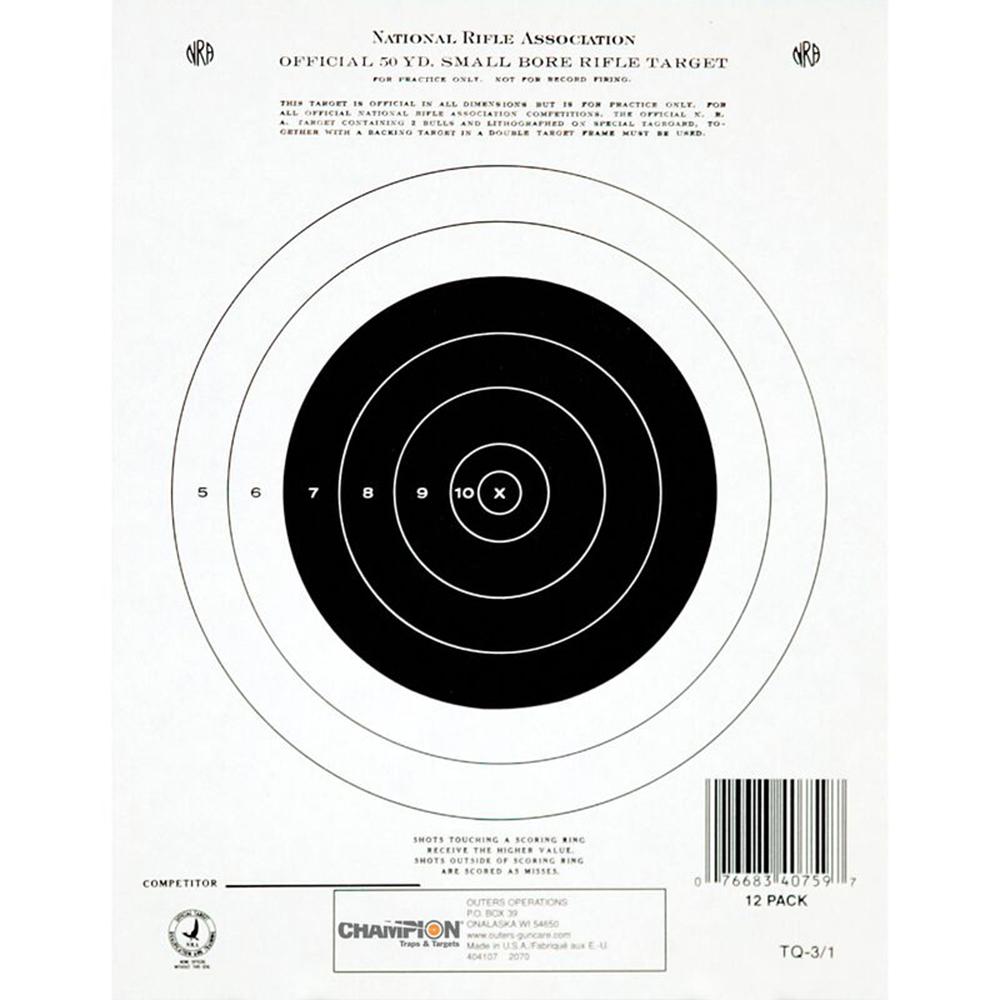 Champion Official NRA GTQ-3/1 50yd Small Bore Rifle Paper Targets Single Bull 12-Pack