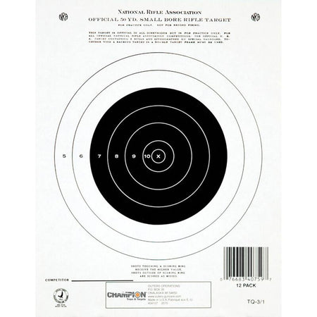 Champion Official NRA GTQ-3/1 50yd Small Bore Rifle Paper Targets Single Bull 12-Pack