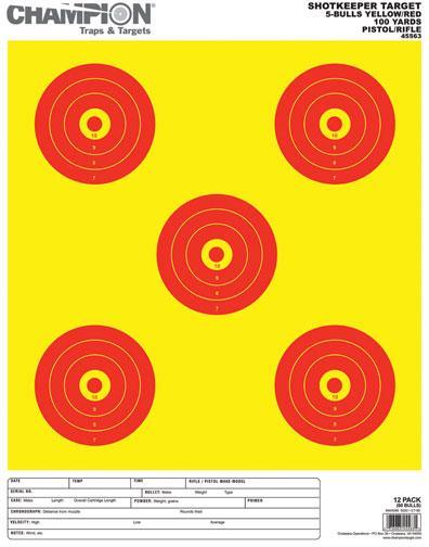 Champion ShotKeeper Targets Yellow & Red 5 Bull Large - 12 Pack