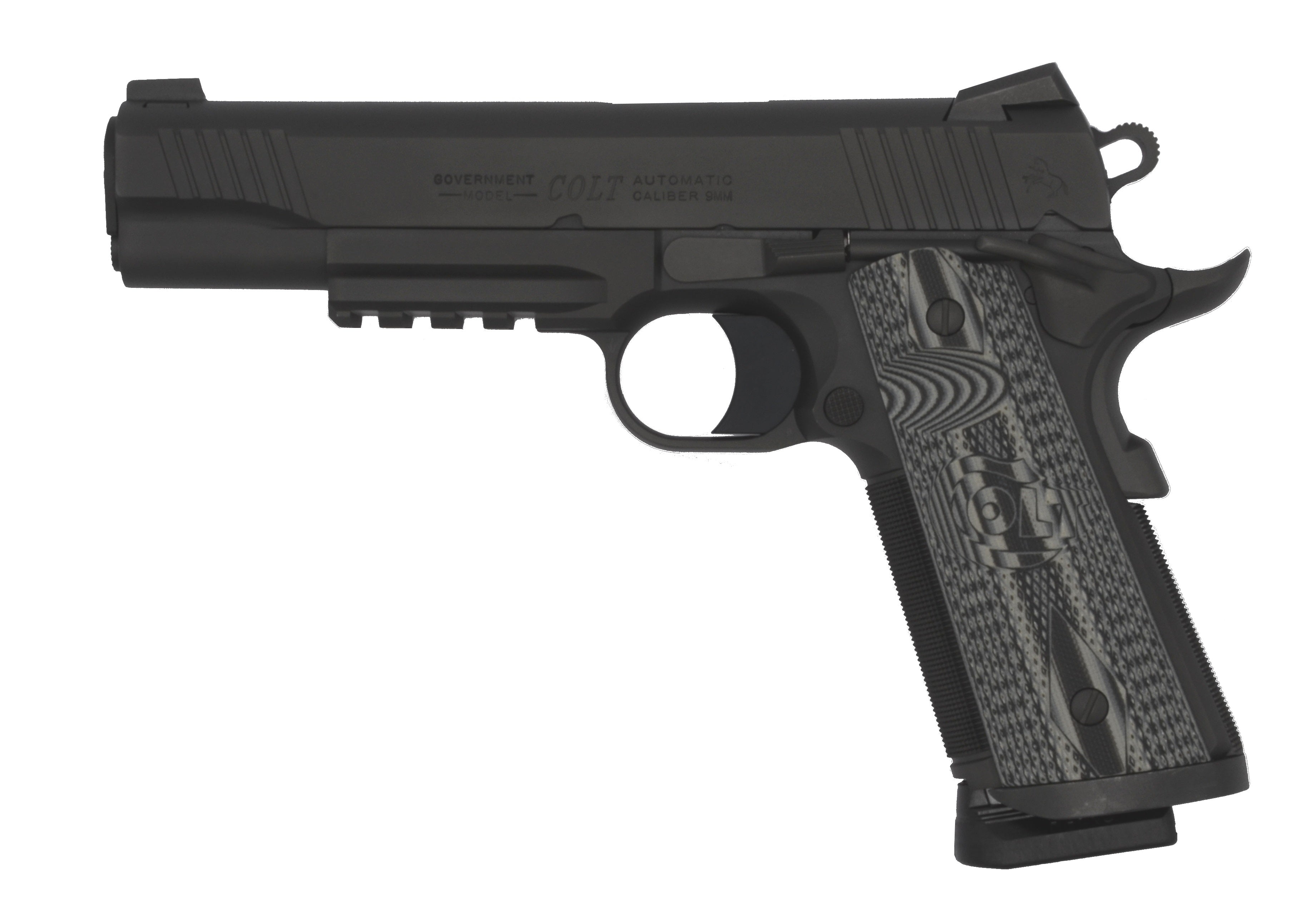 Colt Mfg O1082RGCCU CCU Rail Government 9mm Luger 9+1 5" National Match Barrel, Matte Black DLC Serrated Stainless Steel Slide & Frame w/Picatinny Rail, Black Scalloped G10 Grip, Ambidextrous