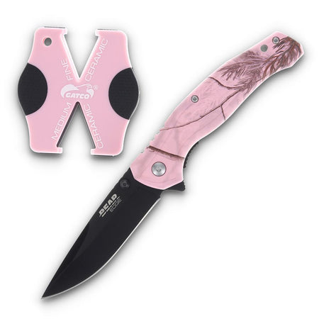 Bear & Son Edge Brisk 2.0 Folding Knife and Sharpener Combo Drop Point Pink Camo