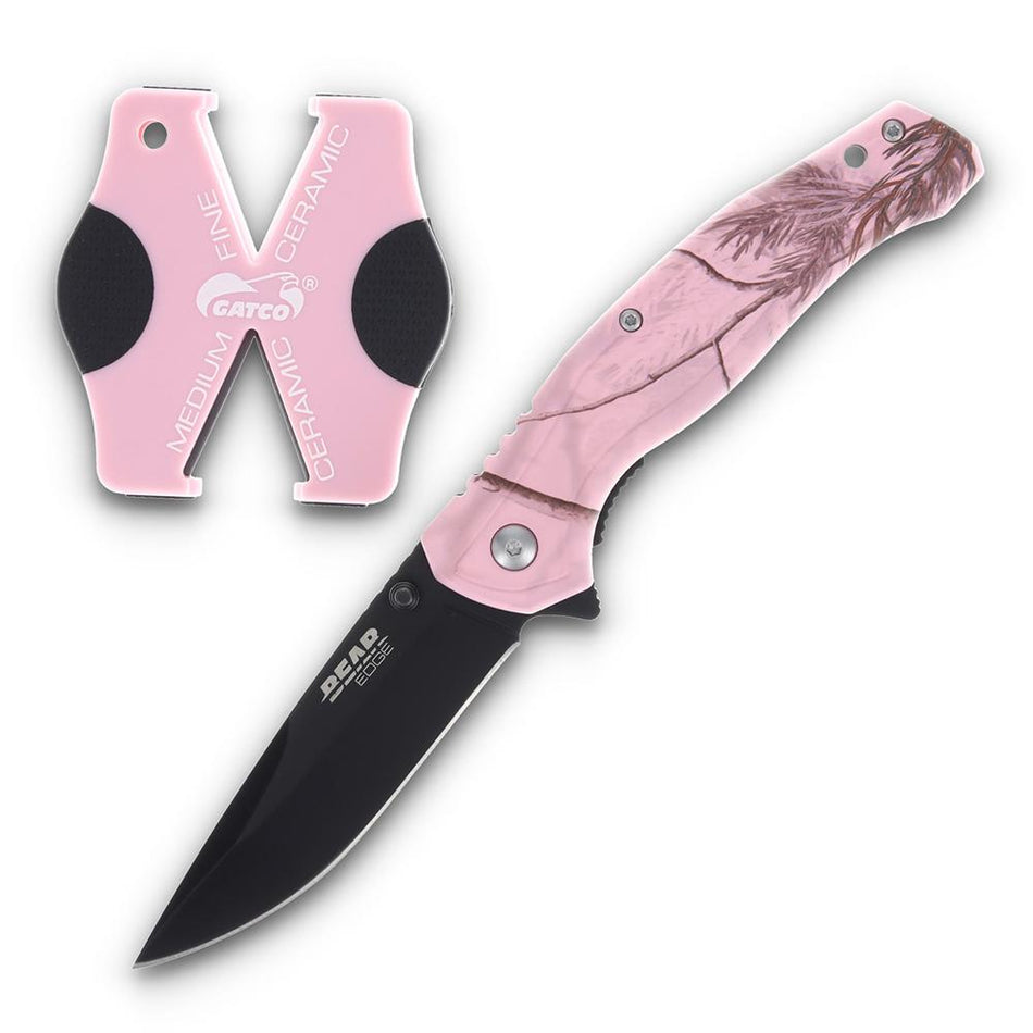 Bear & Son Edge Brisk 2.0 Folding Knife and Sharpener Combo Drop Point Pink Camo