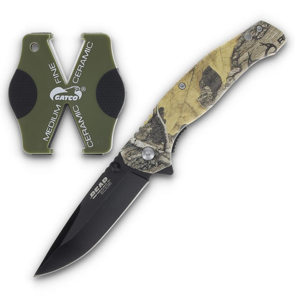 Bear & Son Edge Brisk 2.0 Folding Knife with Sharpener Drop Point Brown Camo